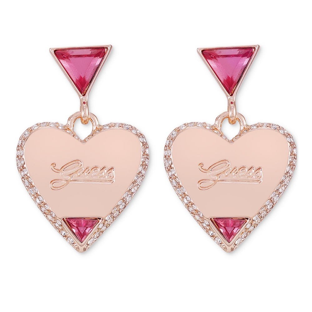 NEW!! Guess Rose Gold-Tone Pink Stone Dangle Heart Drop Earrings